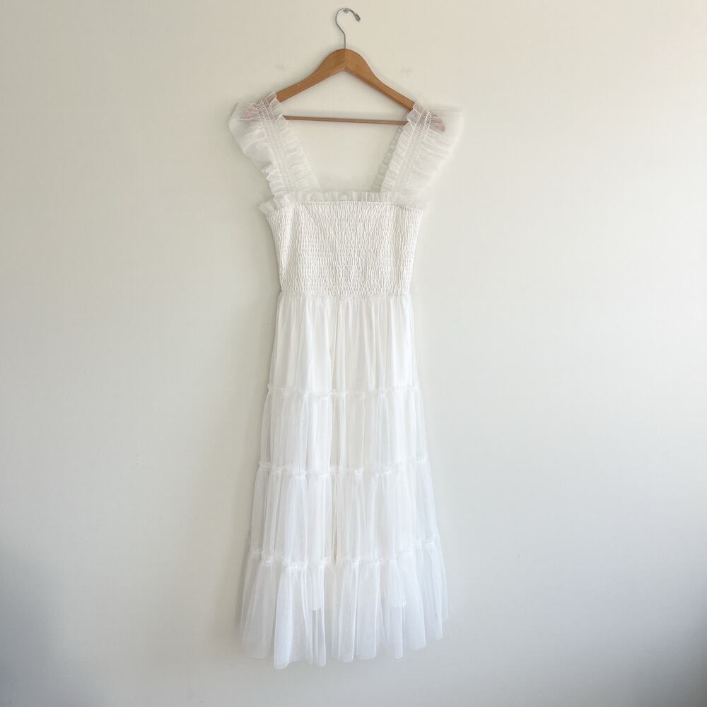 NWT *Baltic Born* Emma Smocked Tulle Tiered Midi Dress | Off White | Size XS - Picture 3 of 9